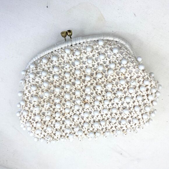 Vintage 60s Ritter White Raffia Plastic Beaded Purse Handbag Mod Hippie Wedding - Picture 14 of 15